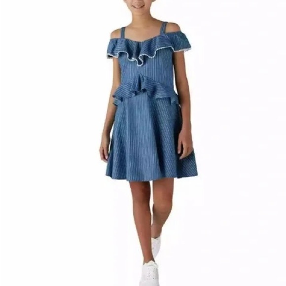 BCBGirls Tencel Striped Cold Shoulder Ruffle Dress 14/16 - Picture 1 of 8